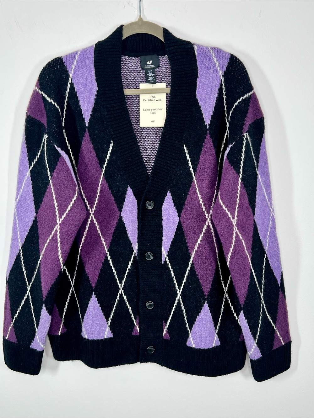 NWT H&M Oversized Wool Blend Purple Black Argyle Button Up Cardigan Medium